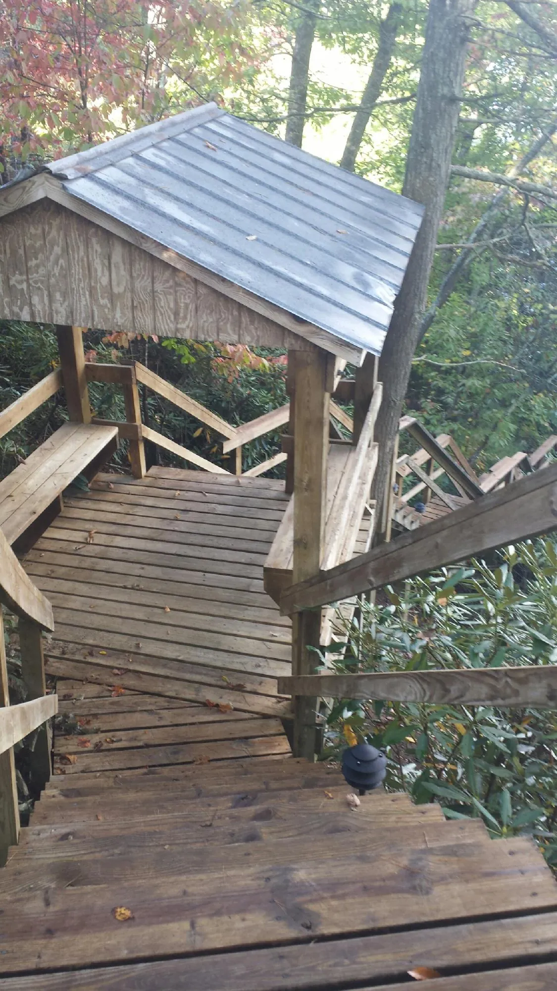 Metal roofed shelter over wooden steps on a wooded walkway — Skylight Repair & Installation work by our crew in Homer